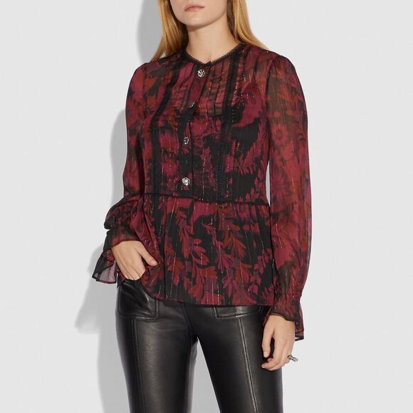 NWOT Coach Forest Floral Print Tea Rose Blouse in Dark Red Size 6 - Picture 1 of 9